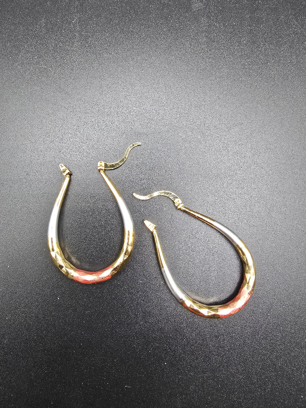 Tri-Color Twisted Teardrop Hoop Earrings Latch Back Nickel-Free Metal 1.5in