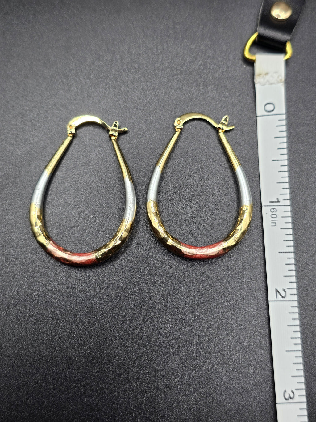 Tri-Color Twisted Teardrop Hoop Earrings Latch Back Nickel-Free Metal 1.5in