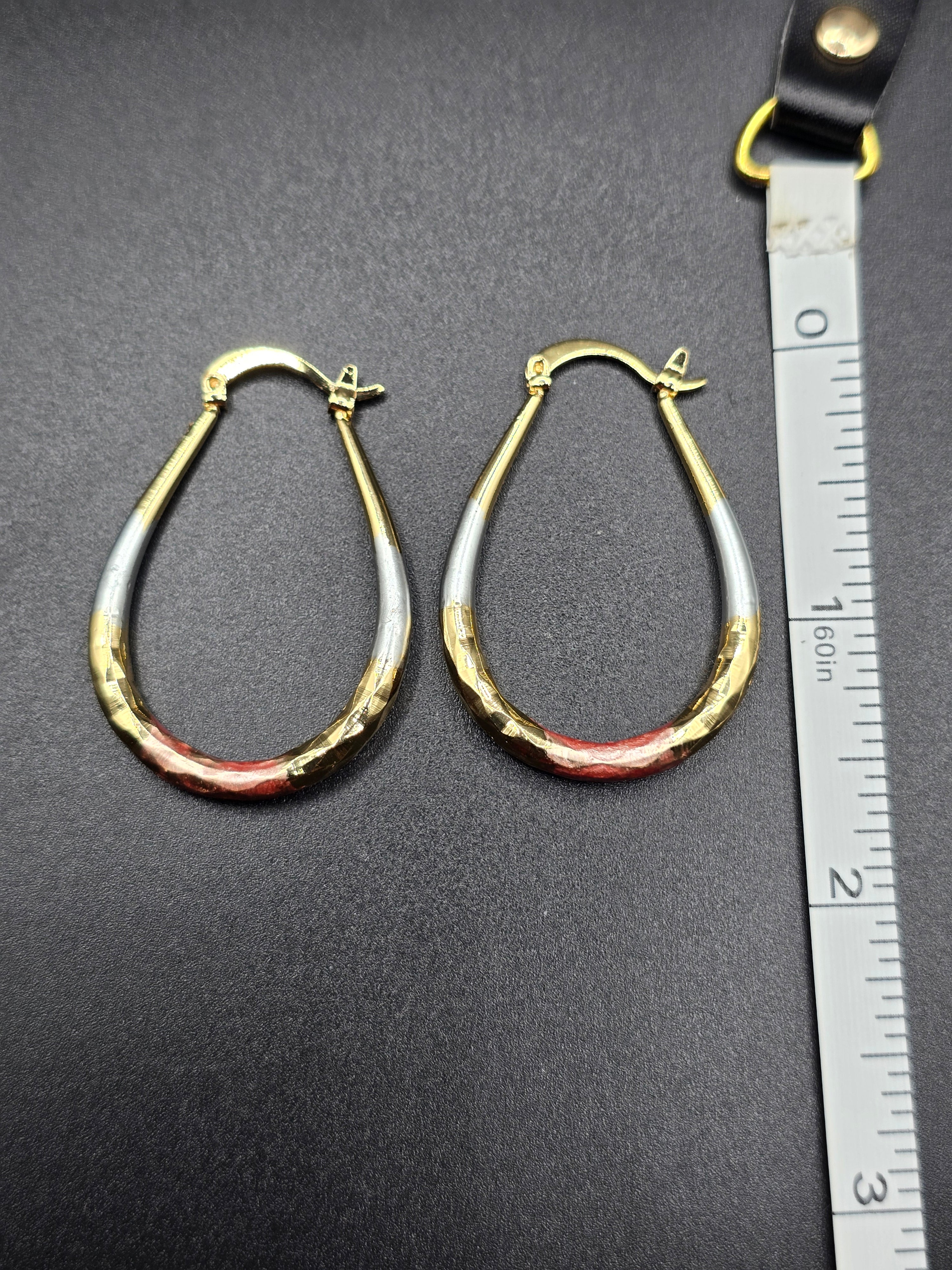 Tri-Color Twisted Teardrop Hoop Earrings Latch Back Nickel-Free Metal 1.5in