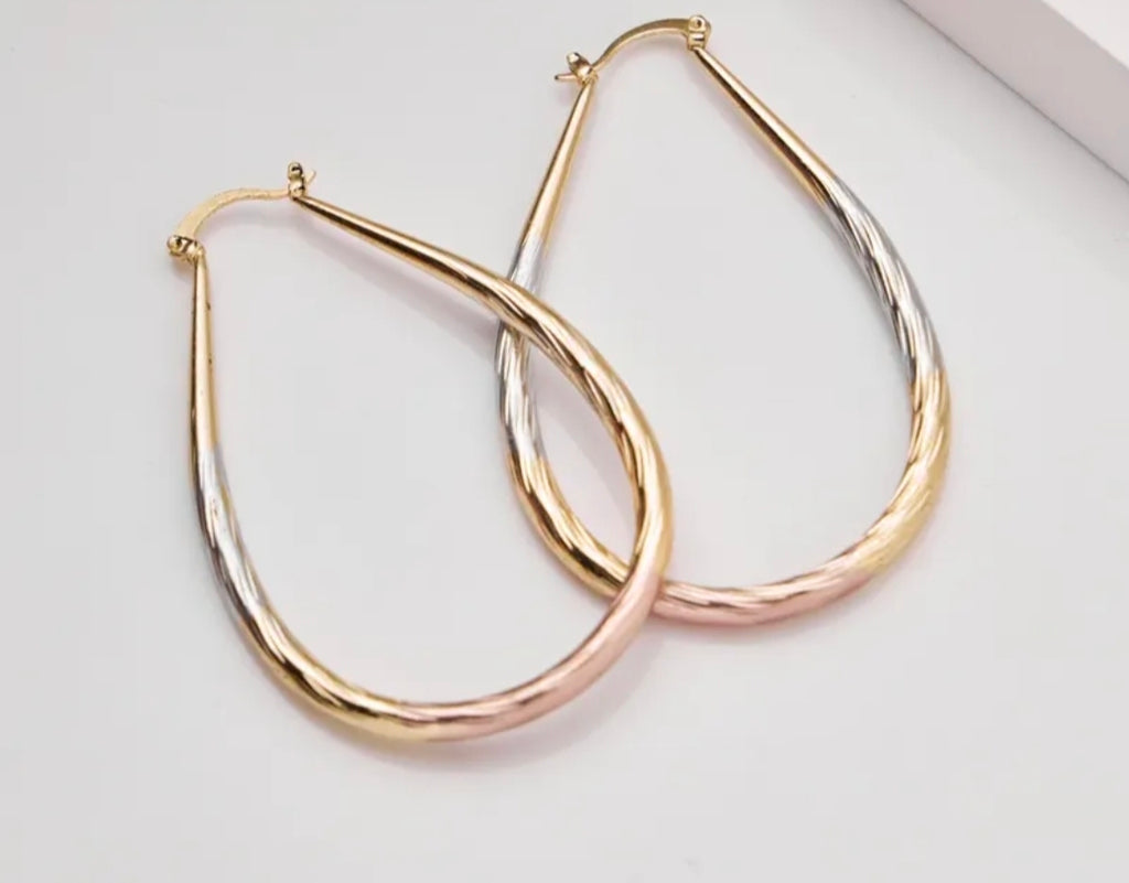 Tri-Color Twisted Teardrop Hoop Earrings Latch Back Nickel-Free Metal 1.5in