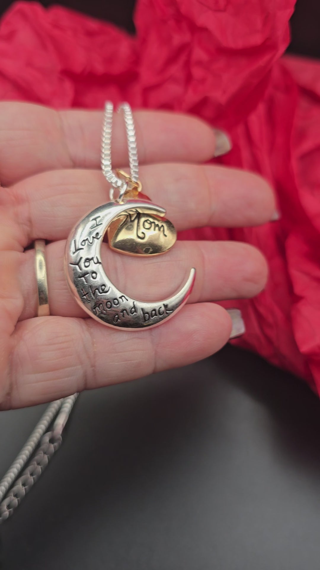 Fashion Jewelry Mom Heart & Moon Pendant Necklace Silver Adjustable
