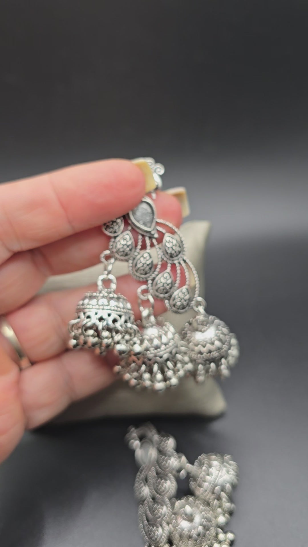 Ethnic Silver Tone Jhumka Dangle Drop Earrings Ornate Asymmetrical Metal