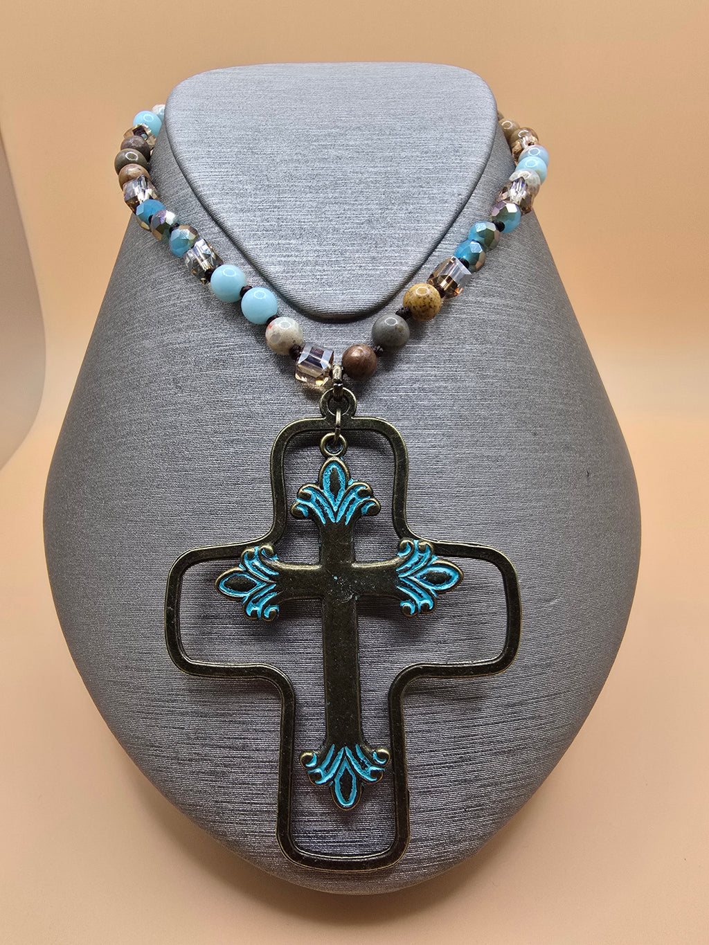 Beaded Necklace with Multicolor Cross Pendant, Religious Statement