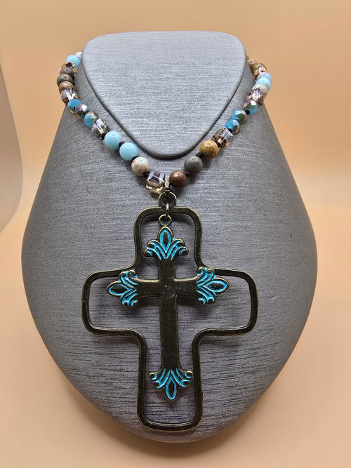 Beaded Necklace with Multicolor Cross Pendant, Religious Statement