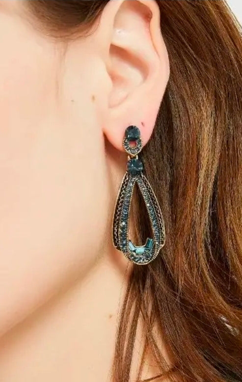 Teardrop Dangle Drop Earrings Gold Tone Blue Crystal Rhinestone  2in