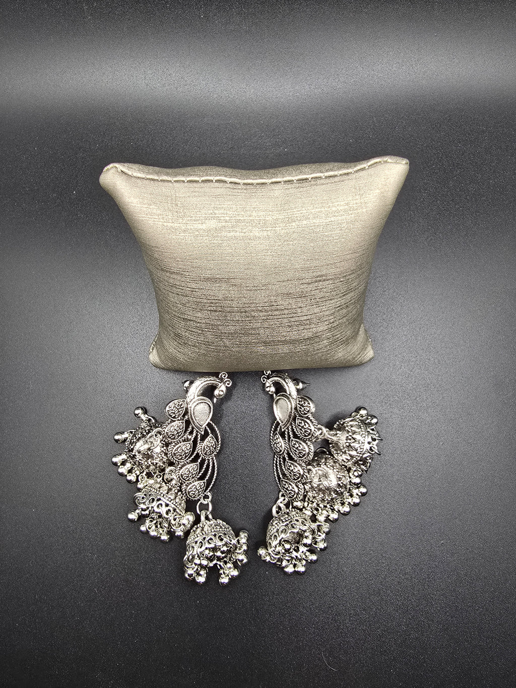 Ethnic Silver Tone Jhumka Dangle Drop Earrings Ornate Asymmetrical Metal