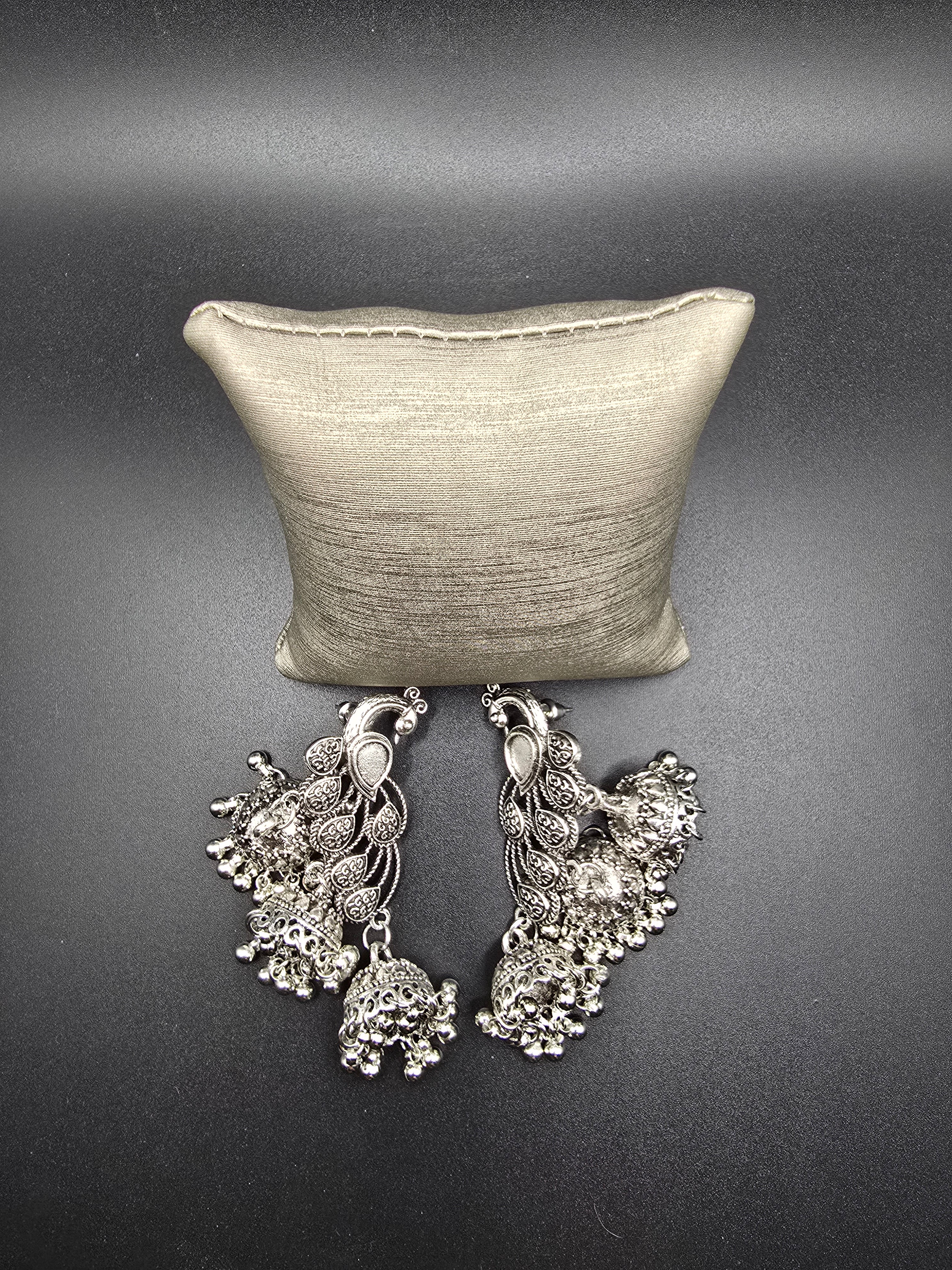 Ethnic Silver Tone Jhumka Dangle Drop Earrings Ornate Asymmetrical Metal