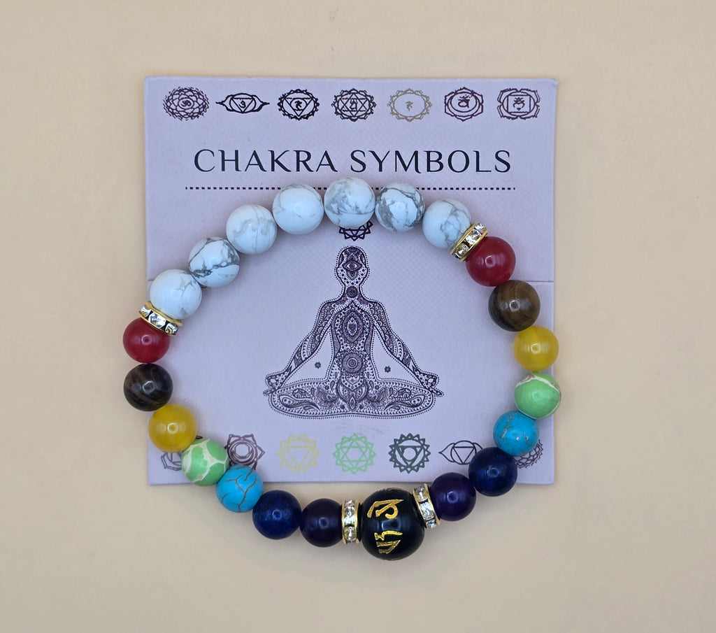 Multicolor Stone Chakra Symbols Beaded Adjustable Healing Bracelet