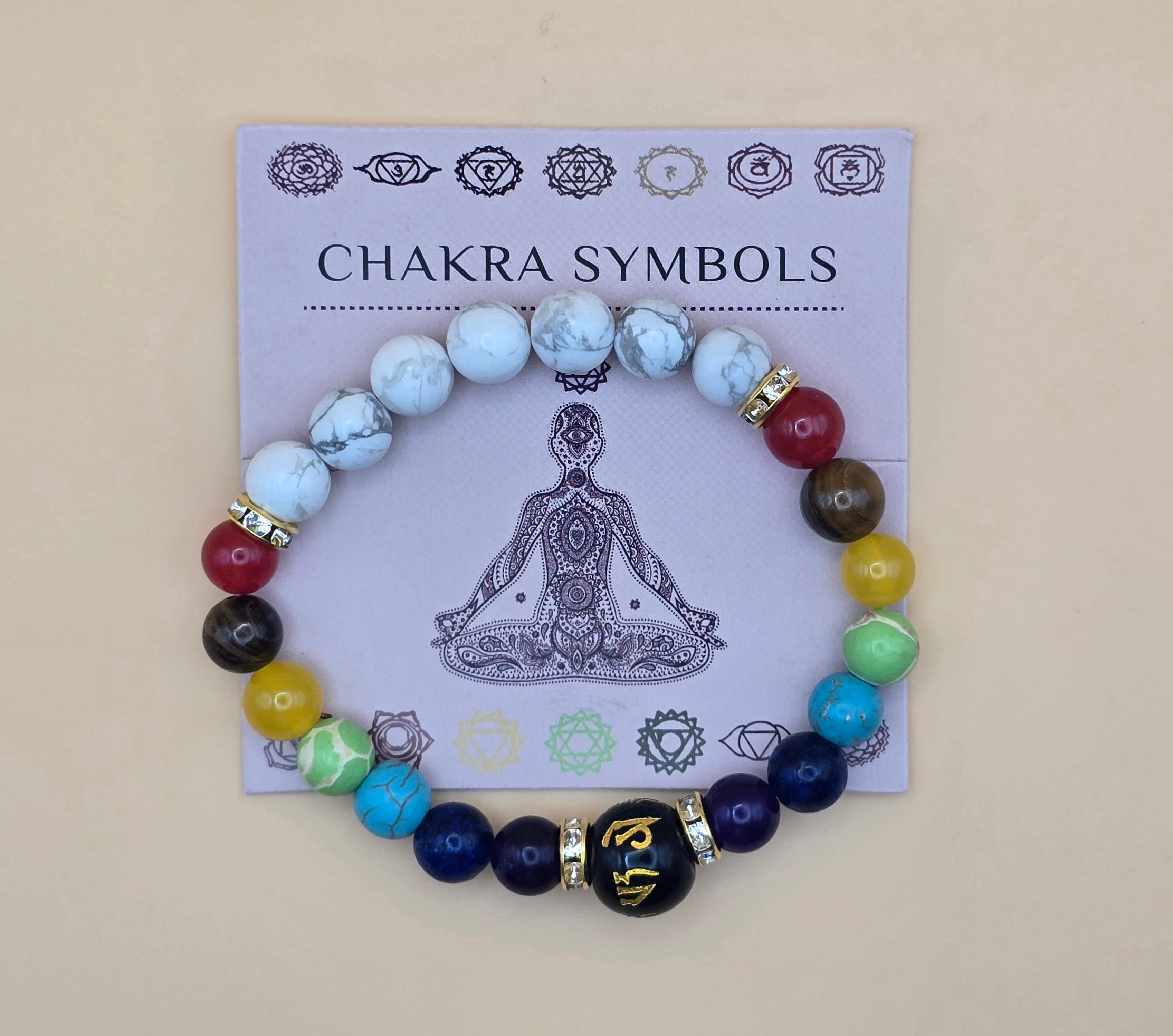 Multicolor Stone Chakra Symbols Beaded Adjustable Healing Bracelet