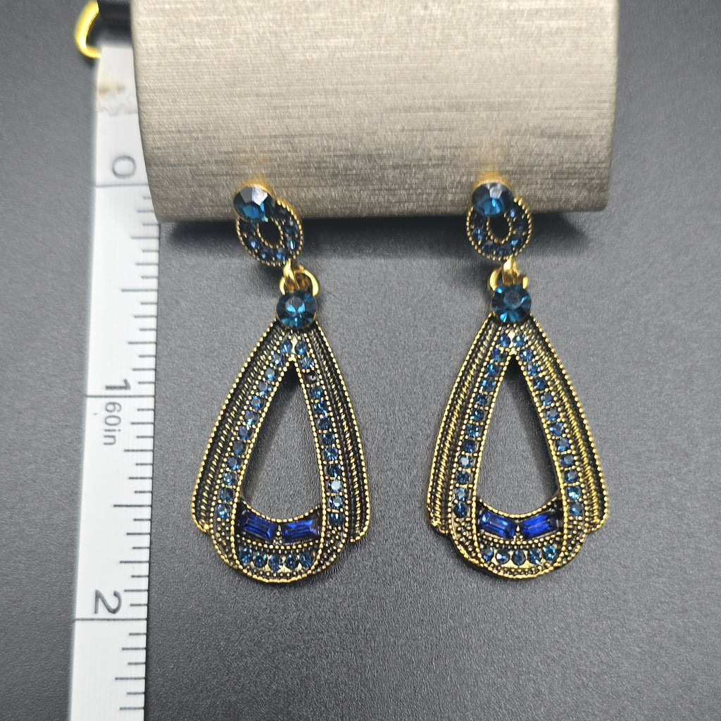 Teardrop Dangle Drop Earrings Gold Tone Blue Crystal Rhinestone  2in