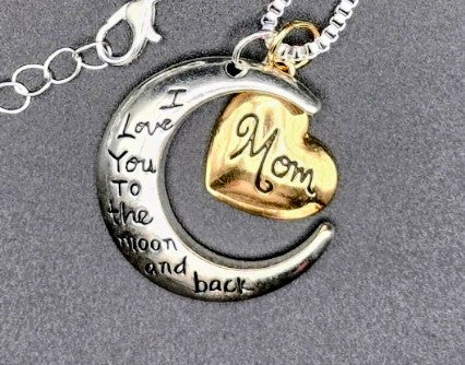 Fashion Jewelry Mom Heart & Moon Pendant Necklace Silver Adjustable