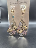 Teardrop Dangle Drop Earrings Nature Theme Gold Tone Blue Crystal Leverback