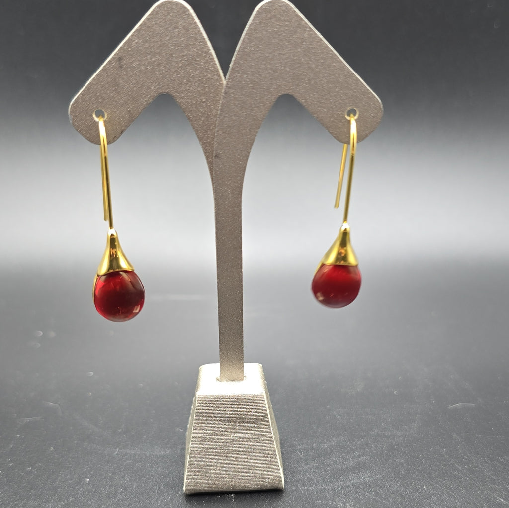 Gold Tone Teardrop Dangle Drop Earrings Red Bezel Hook Closure Metal