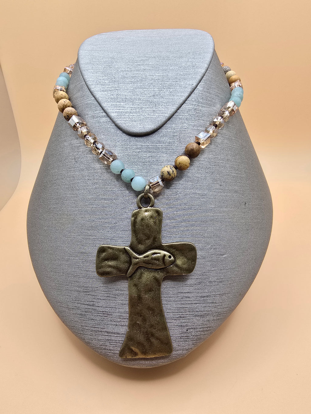 Beaded Ball Chain Cross Amulet Pendant Necklace Gold Blue Stone Metal Religious