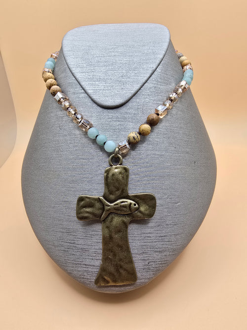 Beaded Ball Chain Cross Amulet Pendant Necklace Gold Blue Stone Metal Religious