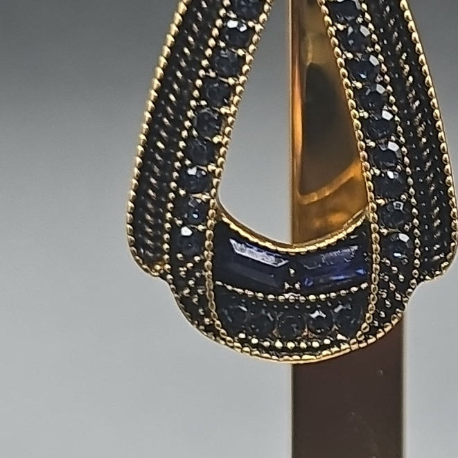 Teardrop Dangle Drop Earrings Gold Tone Blue Crystal Rhinestone  2in