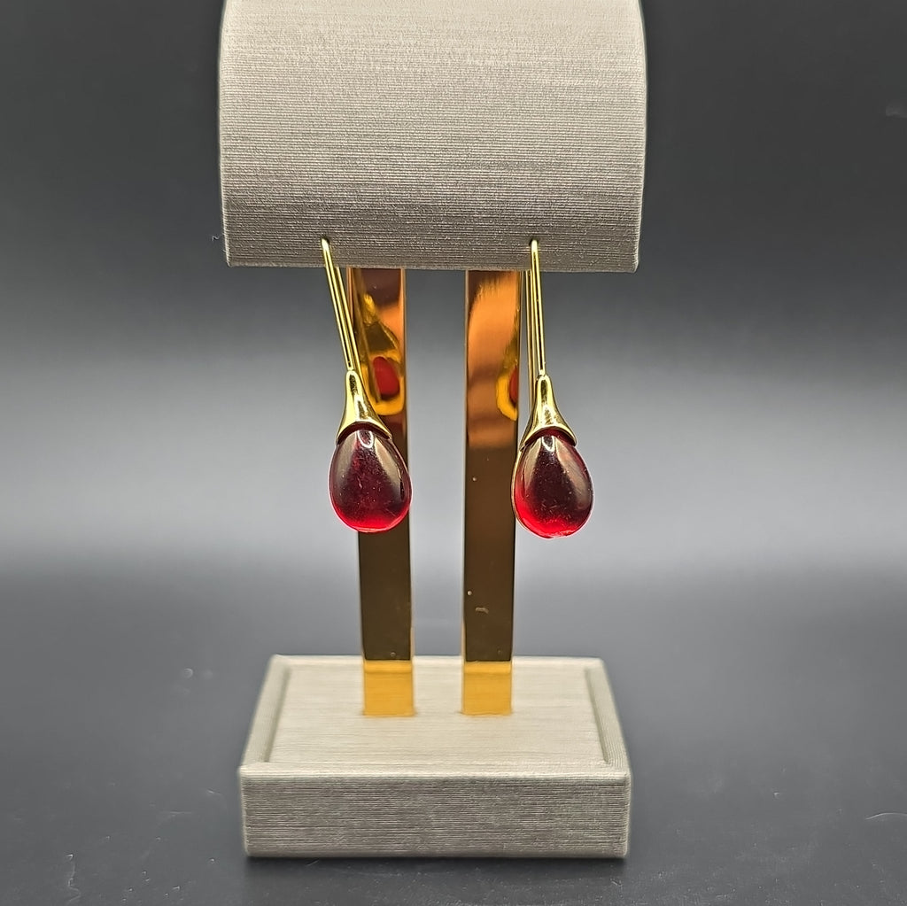 Gold Tone Teardrop Dangle Drop Earrings Red Bezel Hook Closure Metal
