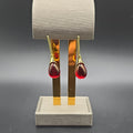 Gold Tone Teardrop Dangle Drop Earrings Red Bezel Hook Closure Metal