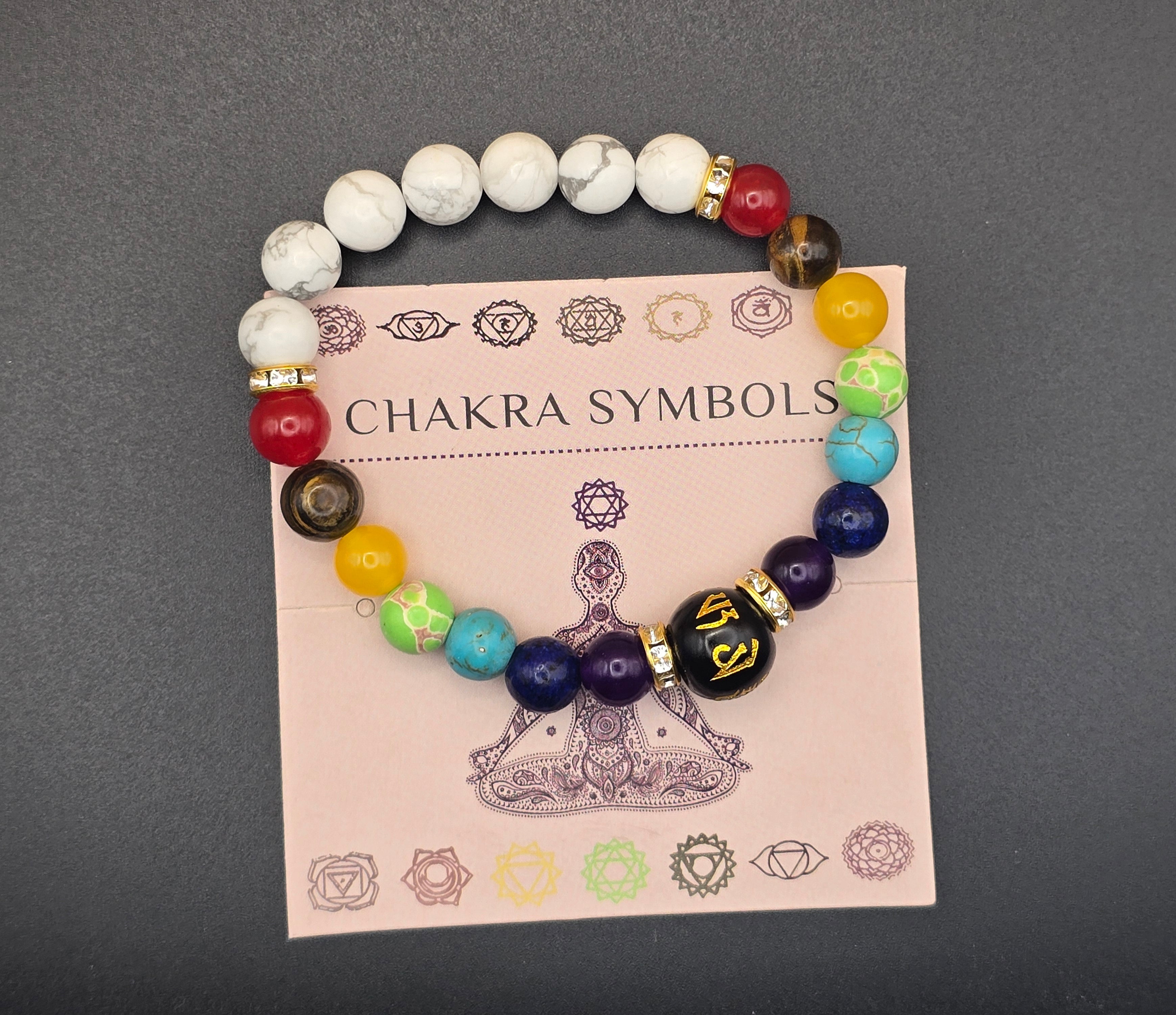 Multicolor Stone Chakra Symbols Beaded Adjustable Healing Bracelet