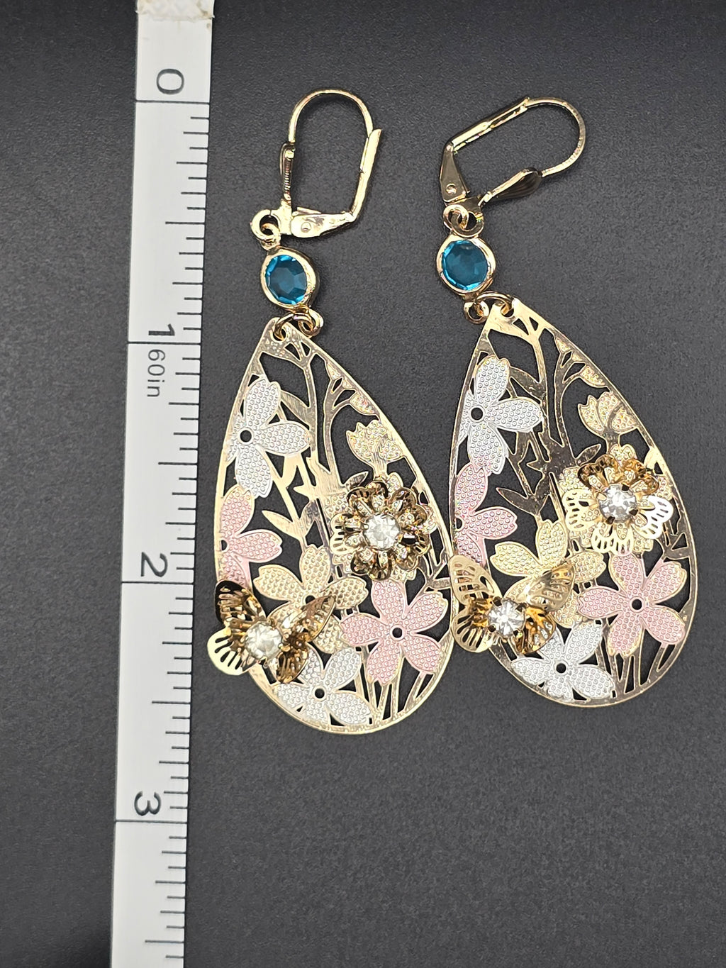 Teardrop Dangle Drop Earrings Nature Theme Gold Tone Blue Crystal Leverback