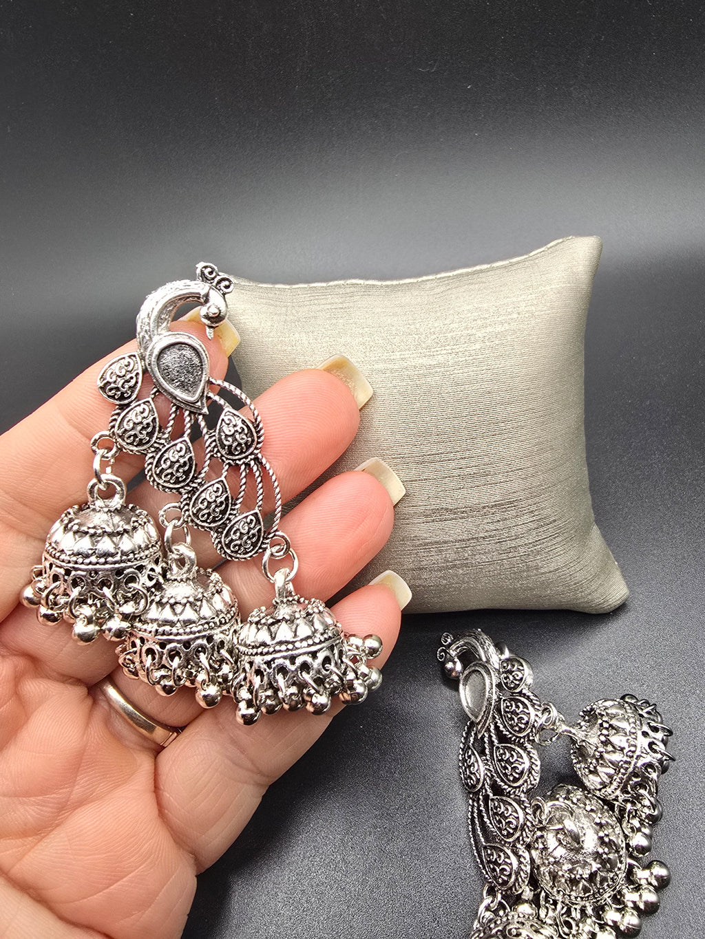 Ethnic Silver Tone Jhumka Dangle Drop Earrings Ornate Asymmetrical Metal