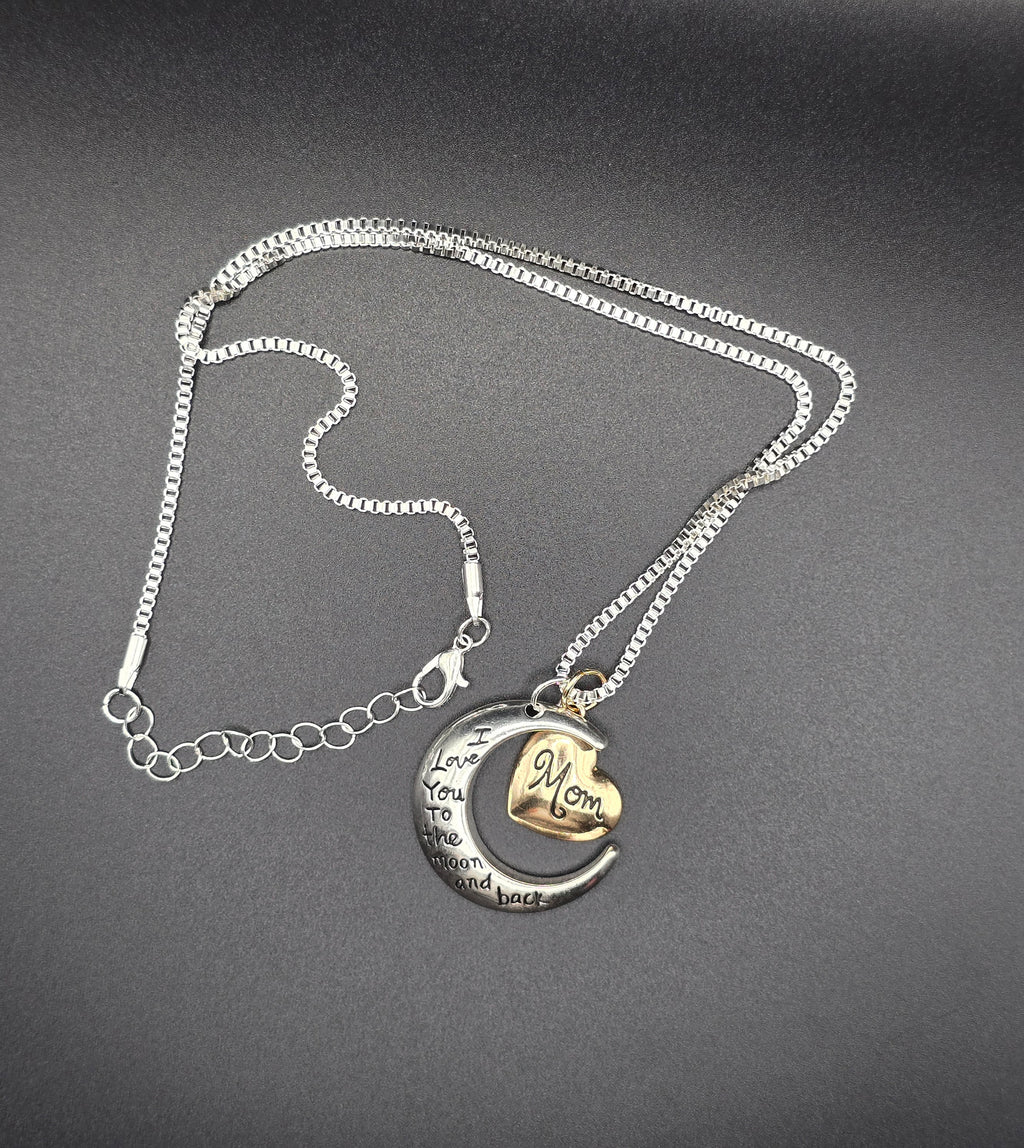 Fashion Jewelry Mom Heart & Moon Pendant Necklace Silver Adjustable