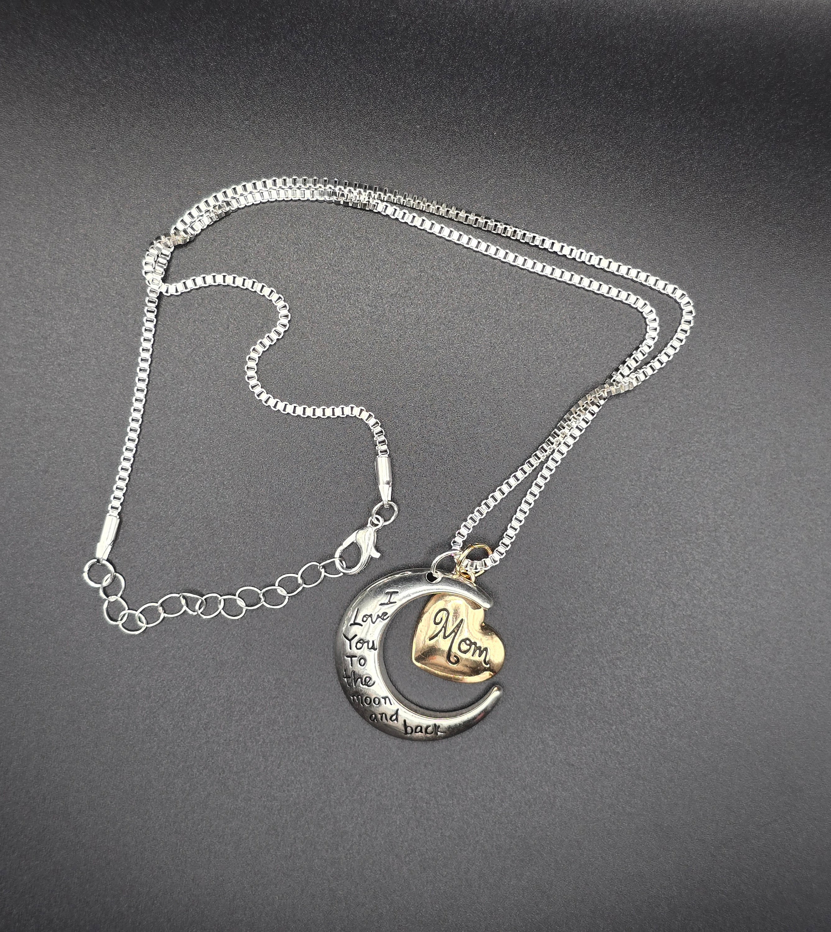 Fashion Jewelry Mom Heart & Moon Pendant Necklace Silver Adjustable