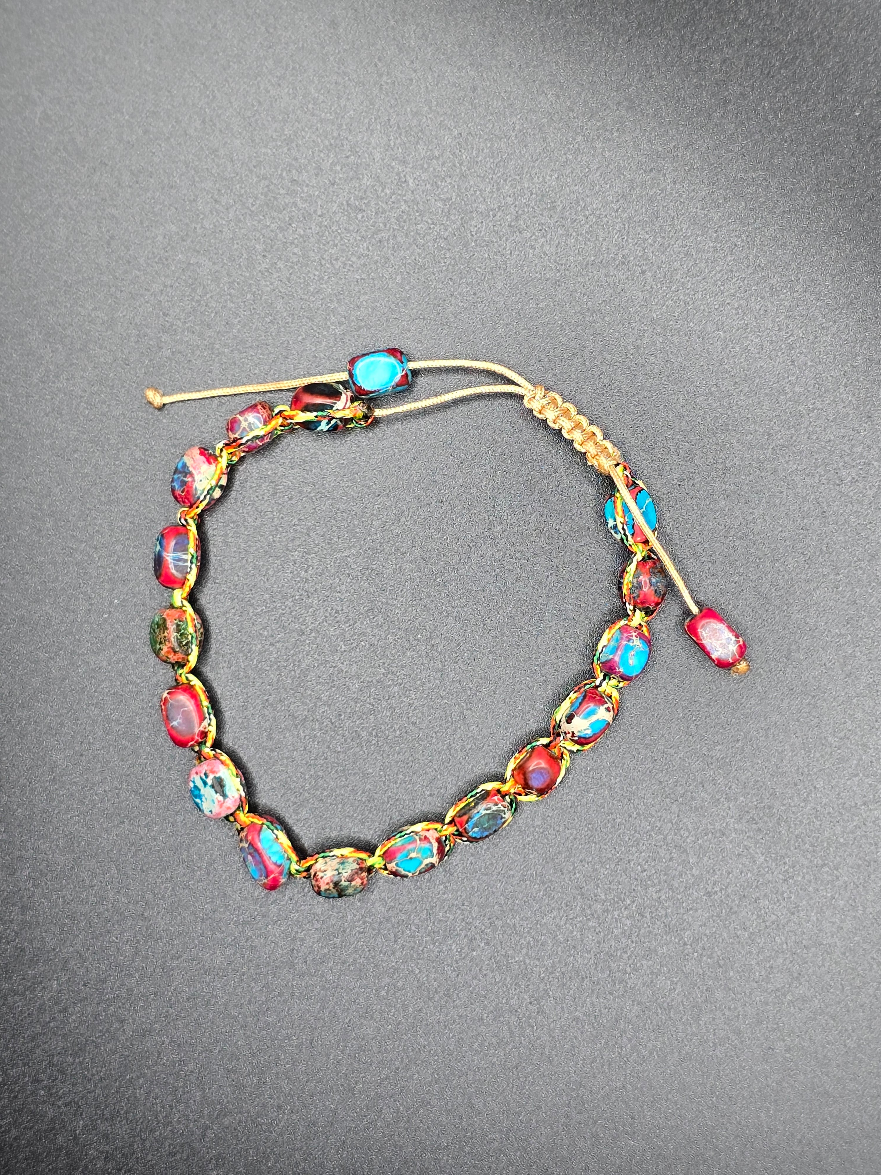 Multicolor Oval Crystal Beaded Adjustable Bolo Bracelet Gold Tone