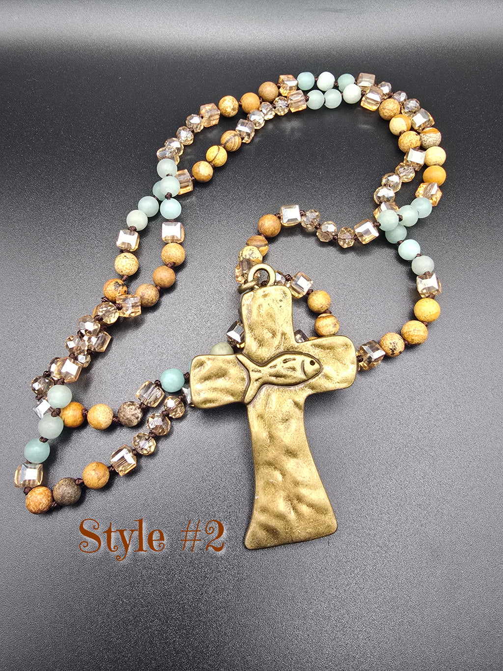 Beaded Ball Chain Cross Amulet Pendant Necklace Gold Blue Stone Metal Religious