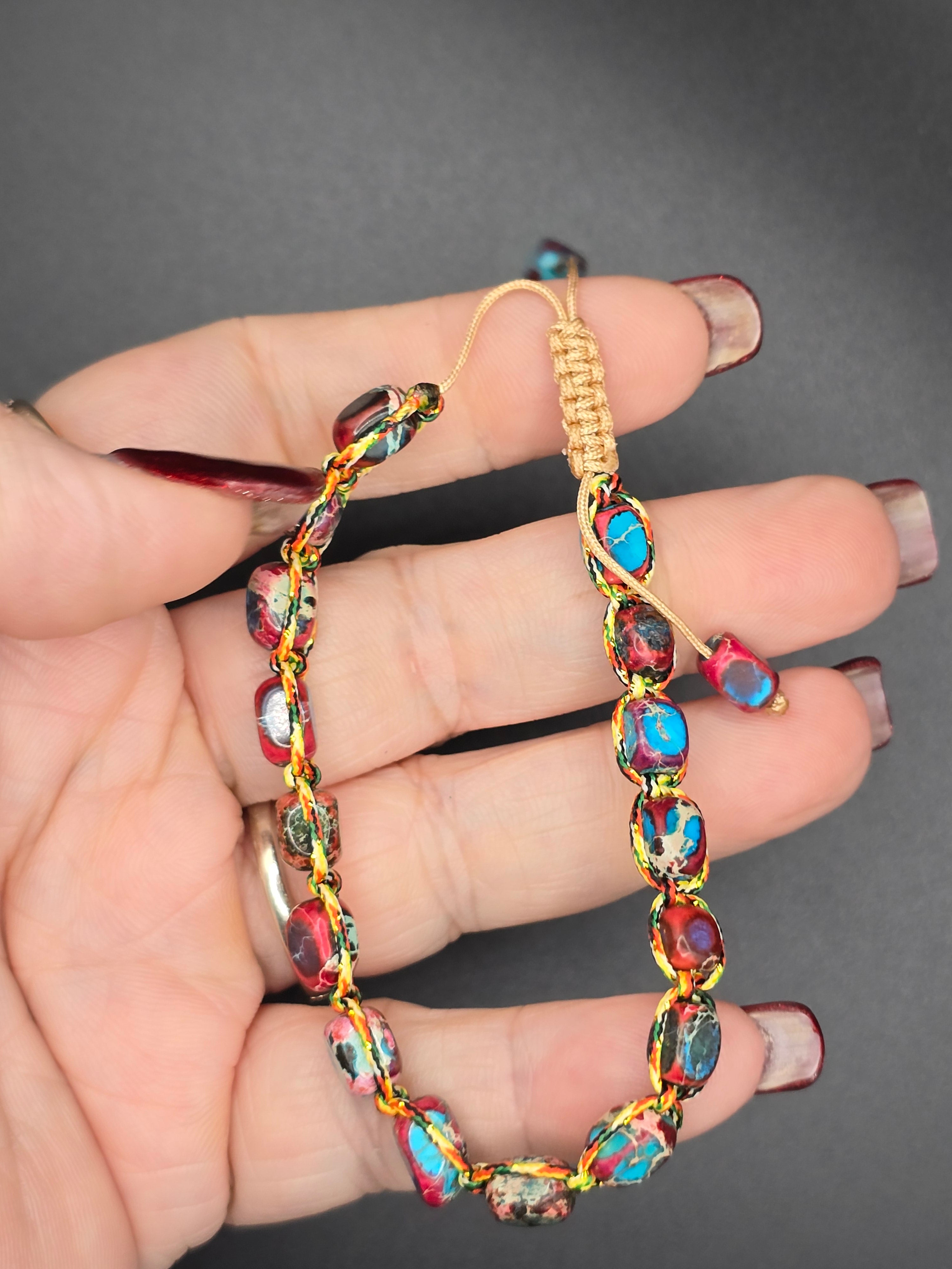Multicolor Oval Crystal Beaded Adjustable Bolo Bracelet Gold Tone