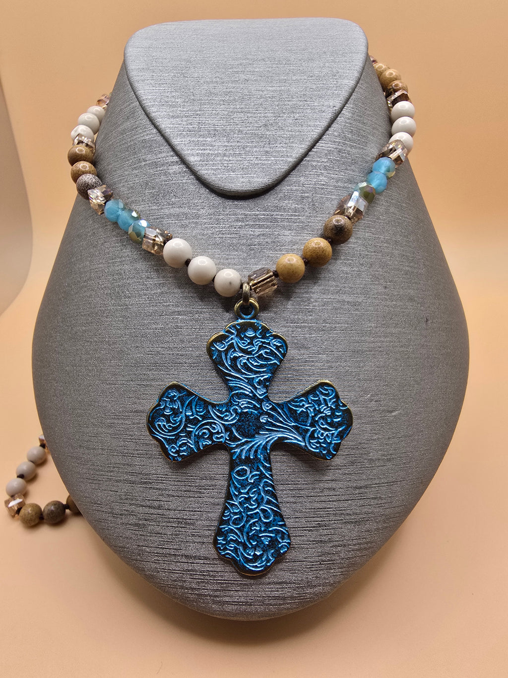 Beaded Necklace with Blue Ornate Cross Pendant, Religious Statement