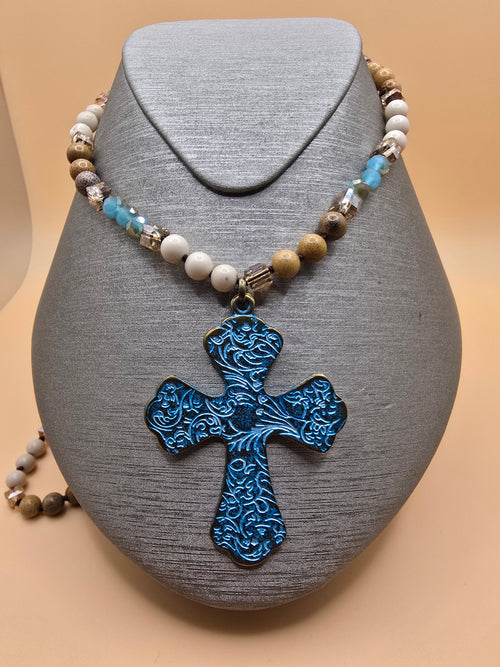 Beaded Necklace with Blue Ornate Cross Pendant, Religious Statement