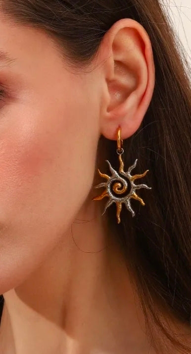 Sun Shape Gold & Silver Metal Dangle Earrings Celestial Fashion Jewelry
