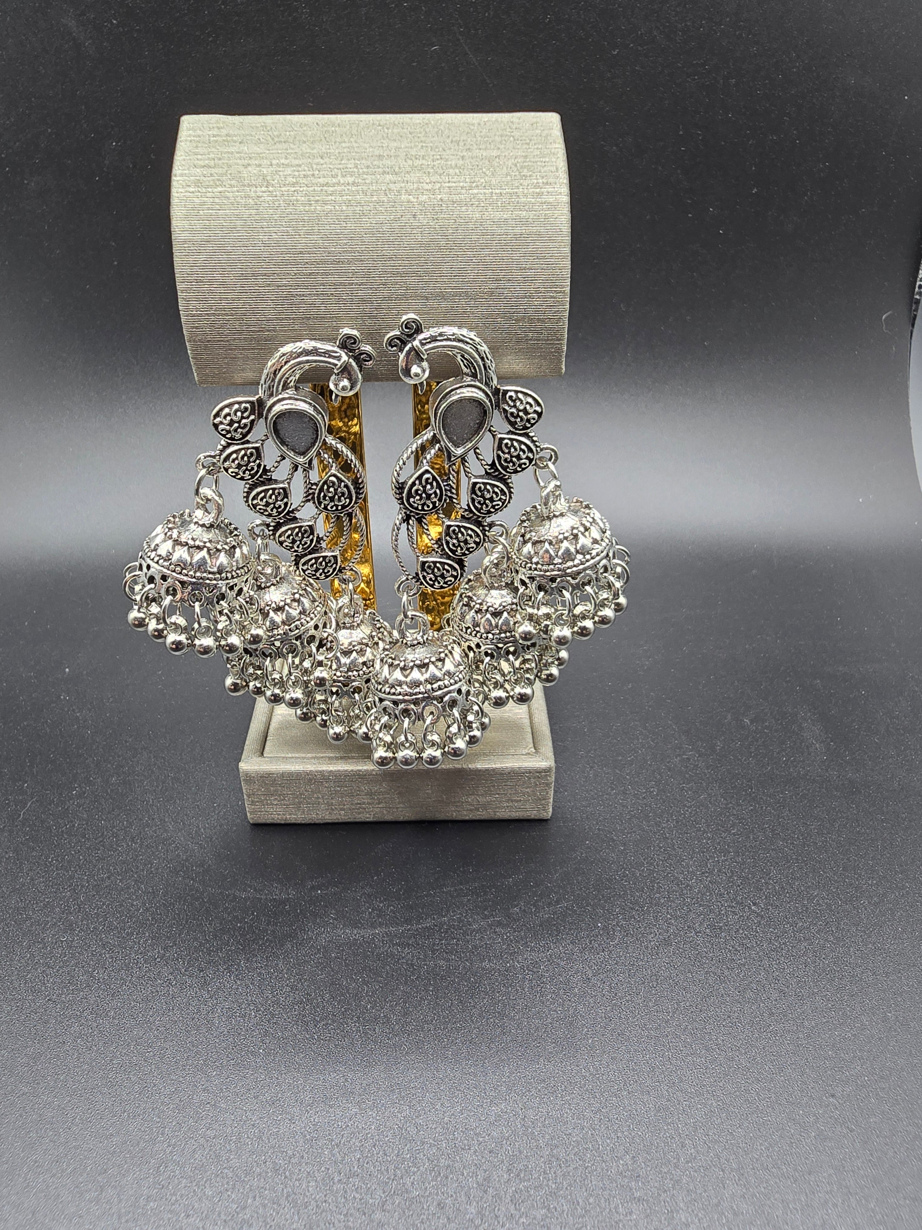 Ethnic Silver Tone Jhumka Dangle Drop Earrings Ornate Asymmetrical Metal