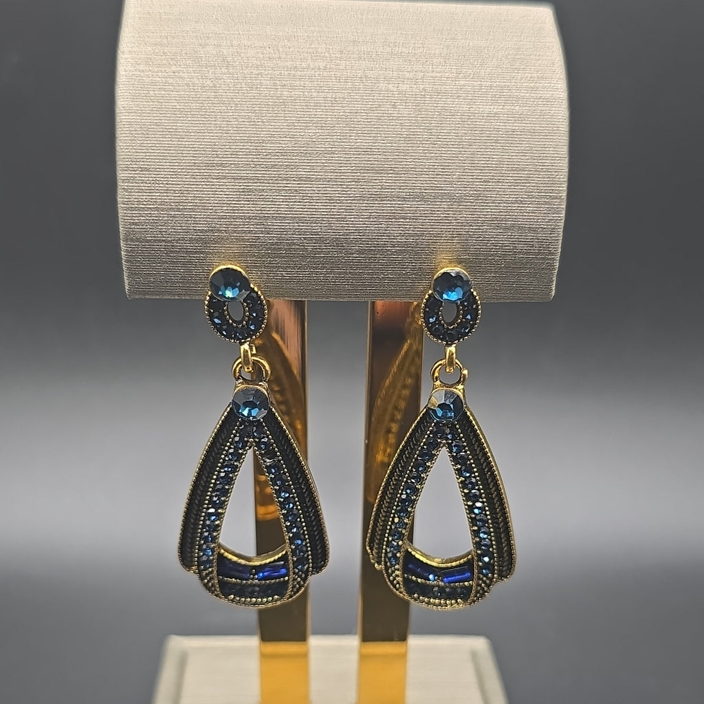 Teardrop Dangle Drop Earrings Gold Tone Blue Crystal Rhinestone  2in