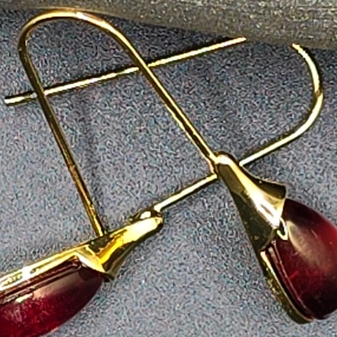 Gold Tone Teardrop Dangle Drop Earrings Red Bezel Hook Closure Metal