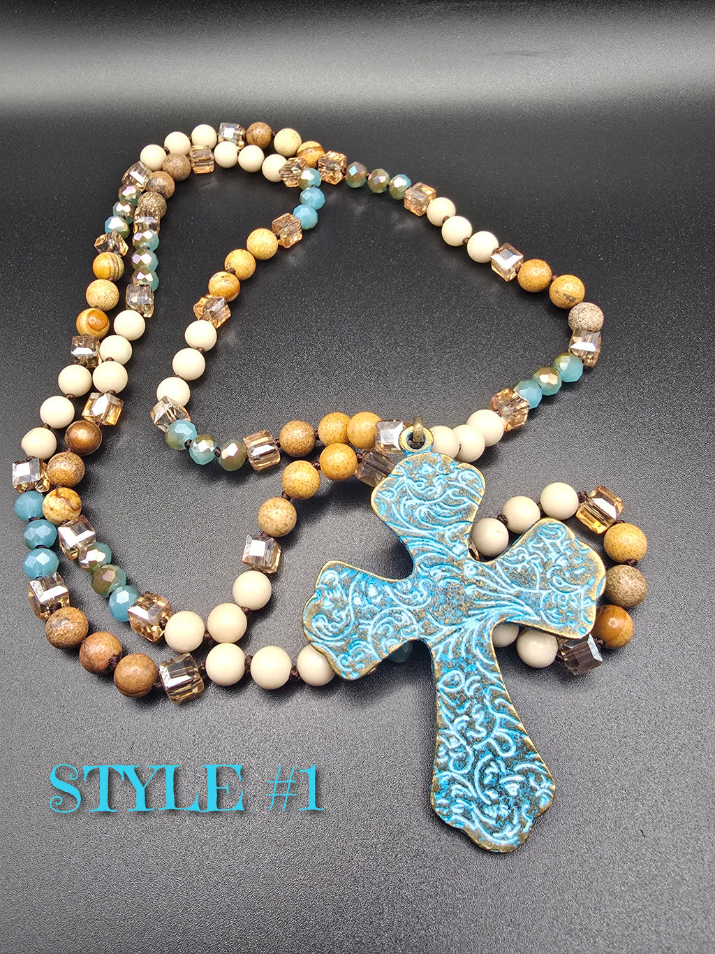 Beaded Necklace with Blue Ornate Cross Pendant, Religious Statement
