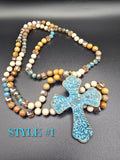 Beaded Necklace with Blue Ornate Cross Pendant, Religious Statement