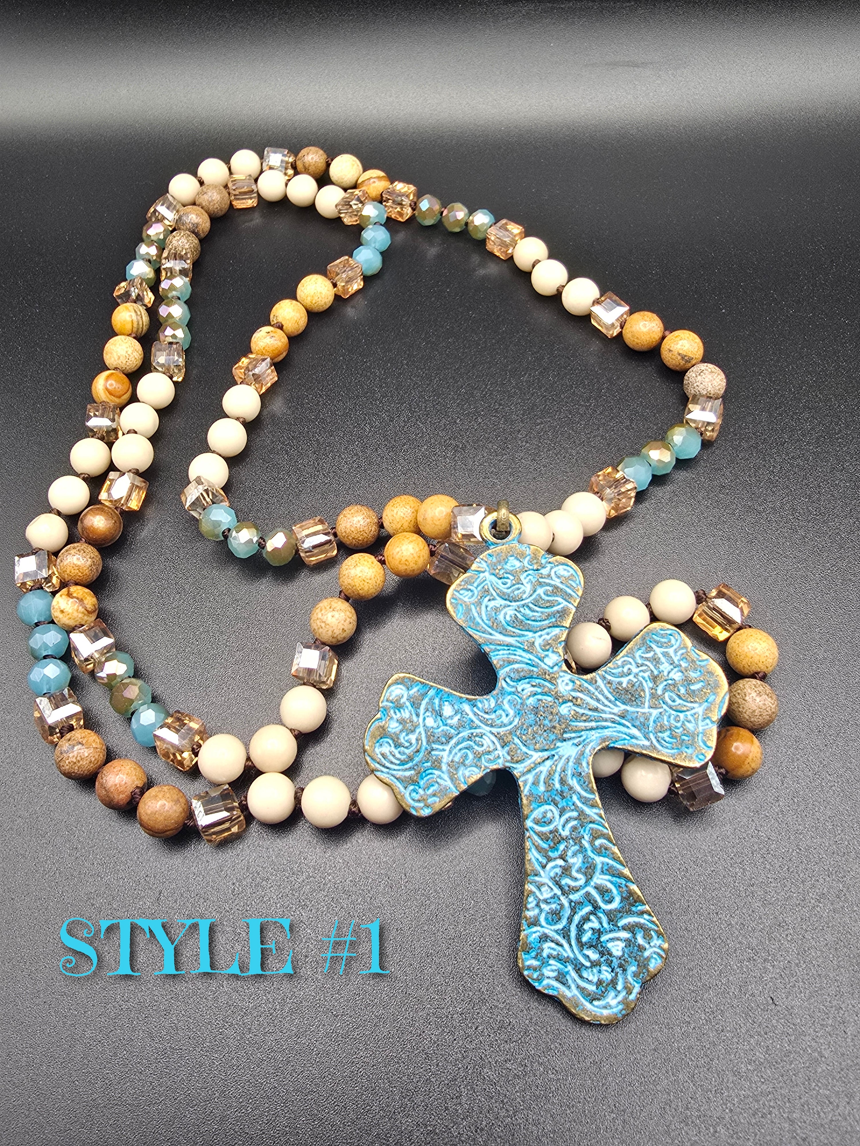 Beaded Necklace with Blue Ornate Cross Pendant, Religious Statement
